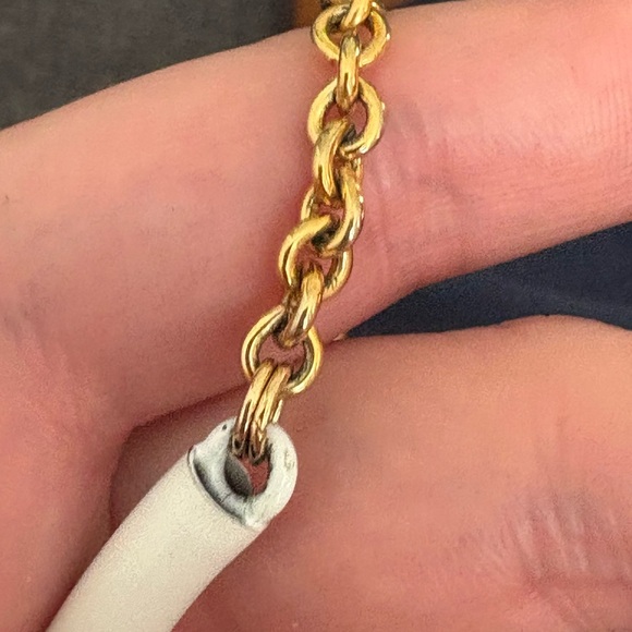 1980s White Enamel Tube Bar Necklace — Gold-Tone Rolo Chain, Ribbed Spacers - Picture 5 of 6